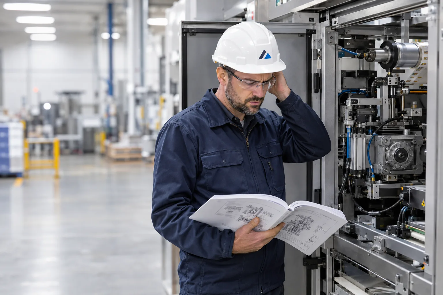 A puzzled maintenance engineer with a thick paper manual beside an open production-line machine