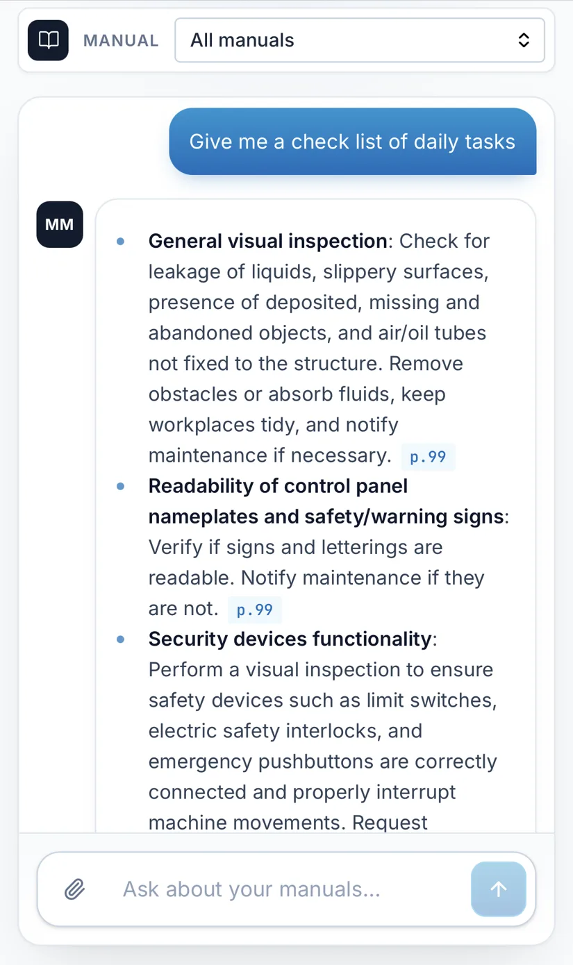 Machine Mesh on a phone: a daily-tasks checklist with page references